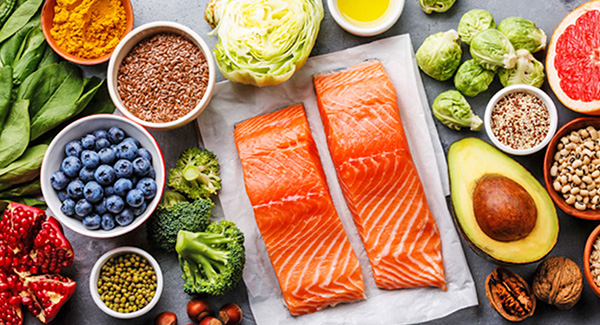 Healthy fruits and vegetables and salmon