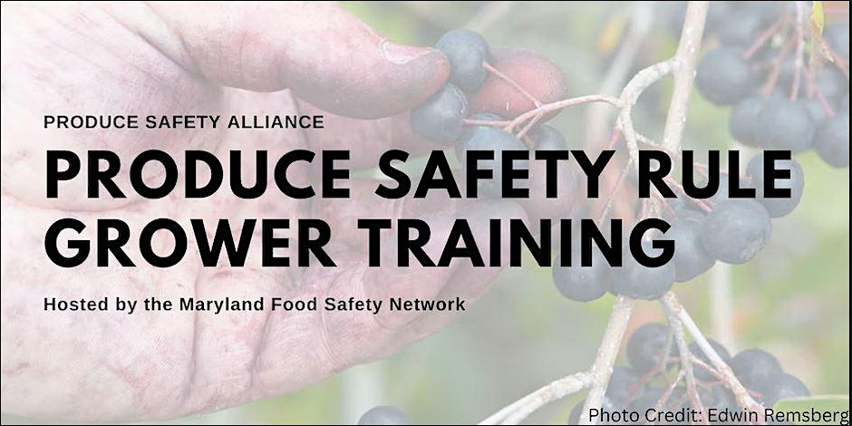 Produce Safety Rule Grower Training with a background of a hand holding berries