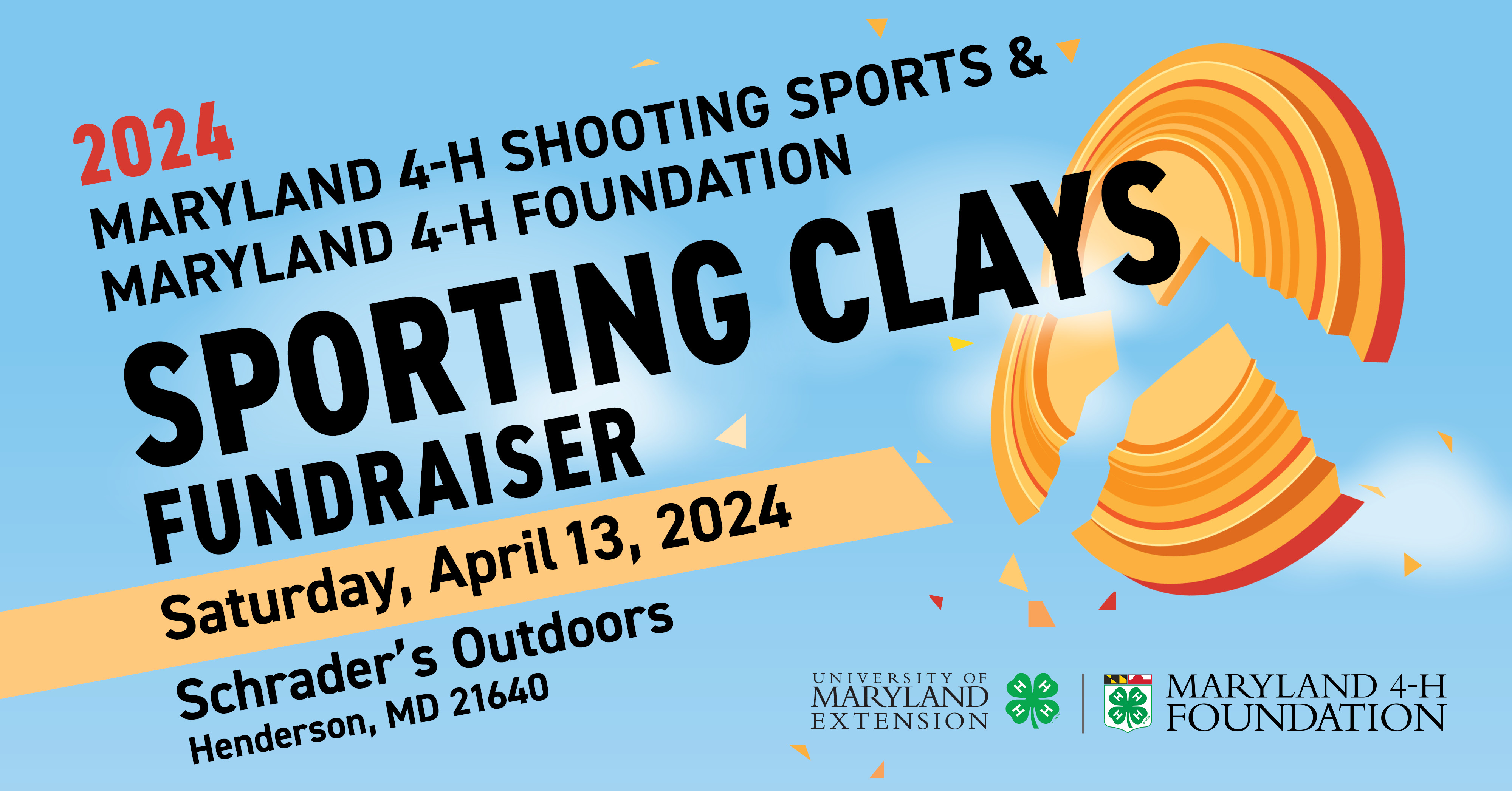 2024 Shooting Clays Fundraiser April 13, 2024 with a clay that has been hit and shattered.