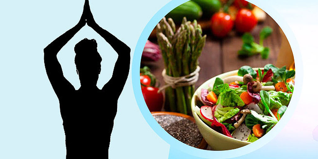 Yoga pose silhouette with healthy food
