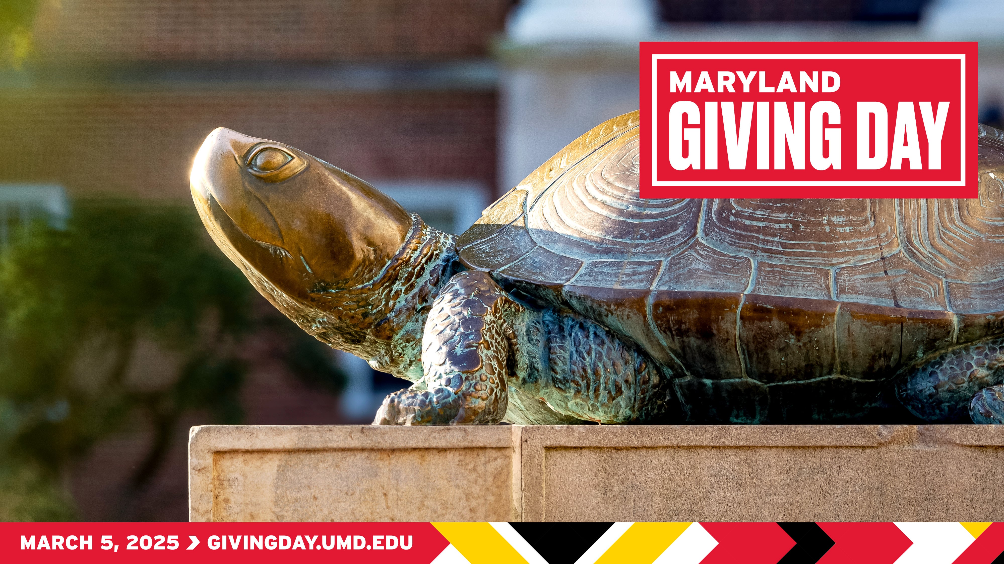 Testudo at McKeldin Mall, captioned Maryland Giving Day, March 5, 2025. 