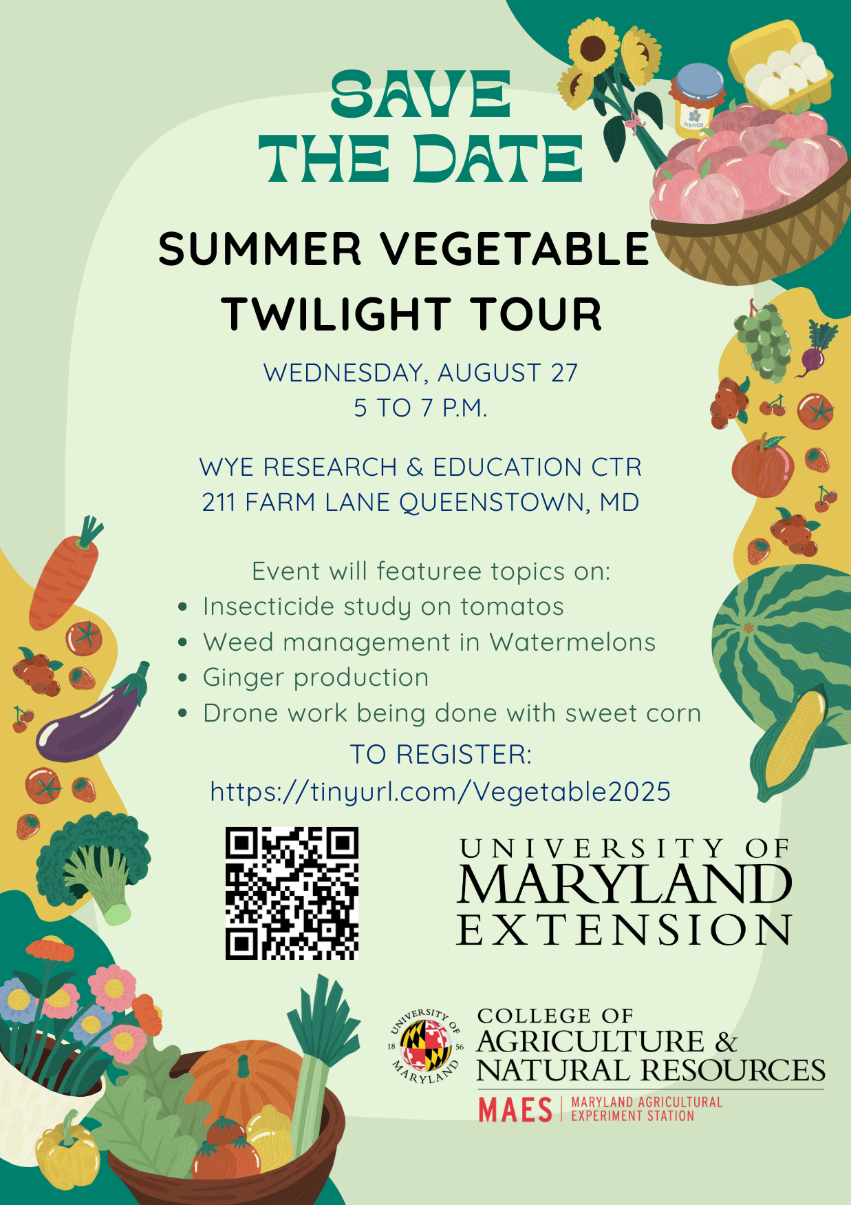 A twilight tour at Wye Research and Education Center. Featuring an insecticide study on tomatoes, weed management on watermelon test plots, ginger production, and drone work in a sweet corn field. The event is free to attend.