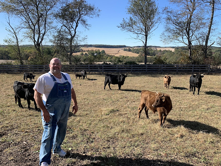  Keith Ohlinger is standing in a pasture with his grazing cattle.