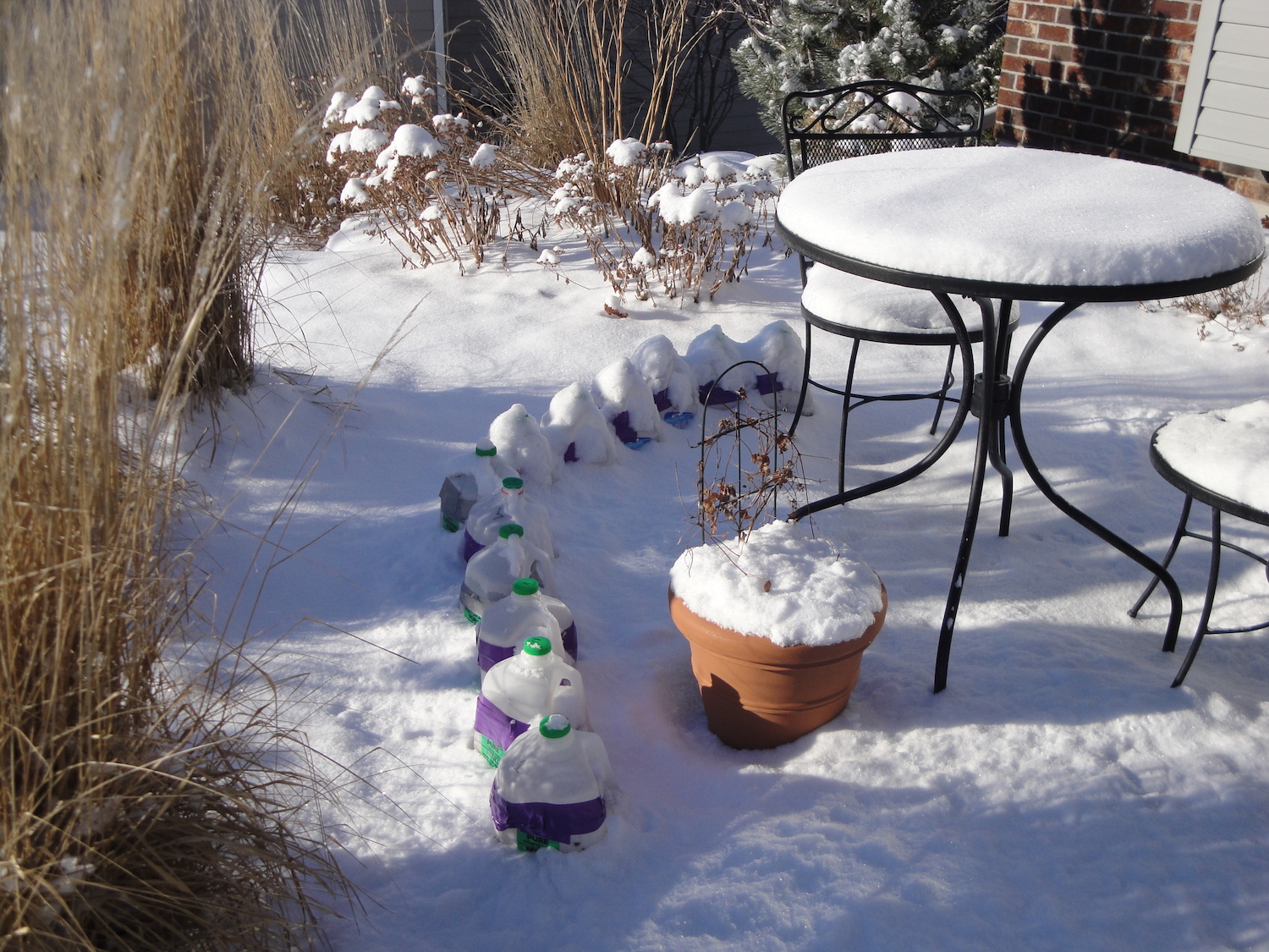 Snow covered patio with plastic gallon milk jugs