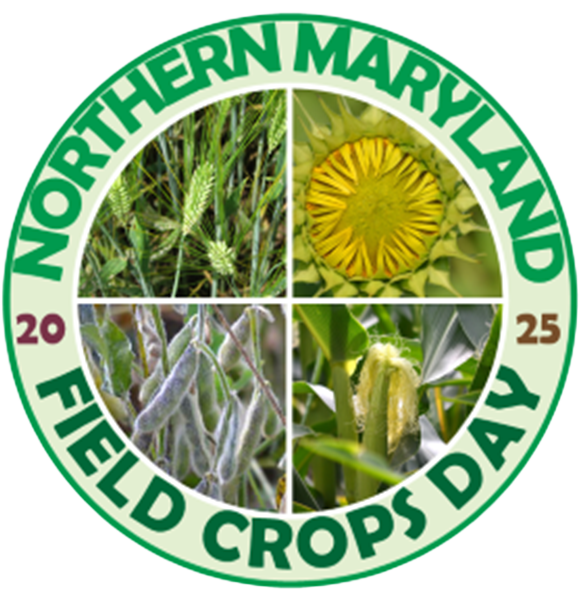 Circular logo with words "Northern Maryland Field Crops Day" along with images of soybeans, sunflowers and grains. 