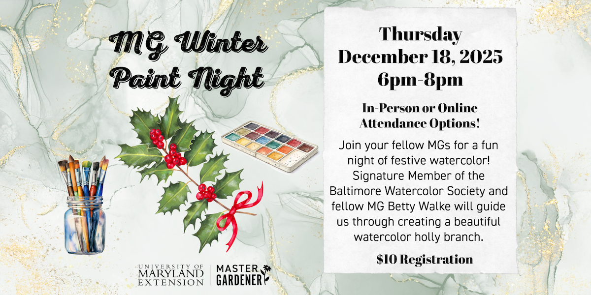 A graphic image for the event showing a jar of paintbrushes, a watercolor paint palette, and a holly branch with event date and time.