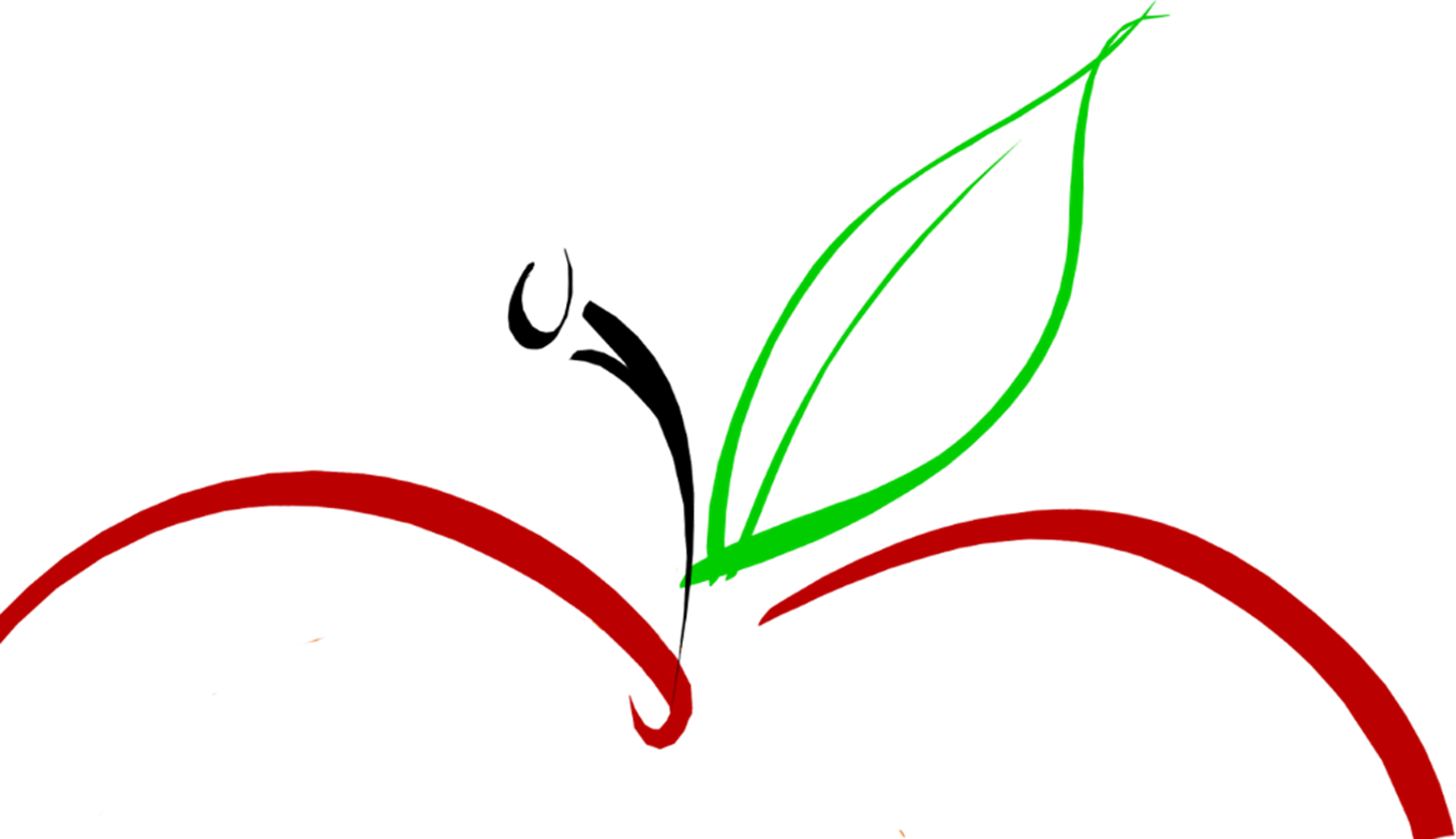 A stylized apple illustration with two red arcs for the fruit, a vivid green outline for the leaf, and bold black lines forming the stem.