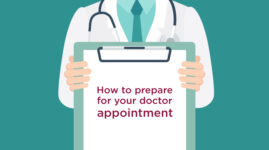 Image of a healthcare provider holding a clipboard that reads "how to prepare for your doctor appointment."