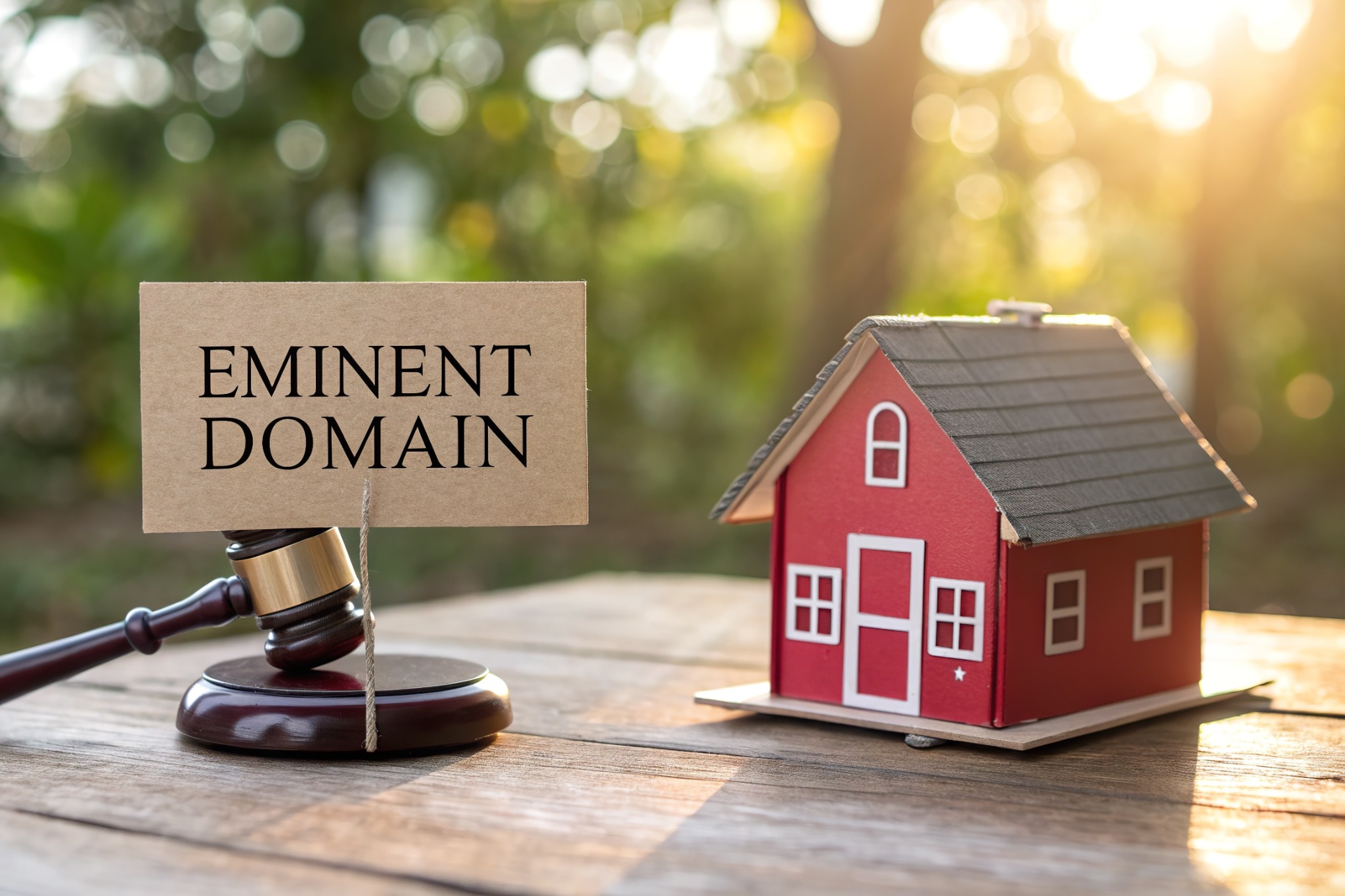 A wooden judge’s gavel sits on a table beside a small red model house. A cardboard sign attached to the gavel reads “Eminent Domain.” The background is softly blurred with trees and warm sunlight, symbolizing legal authority and private property rights. Image by Wan