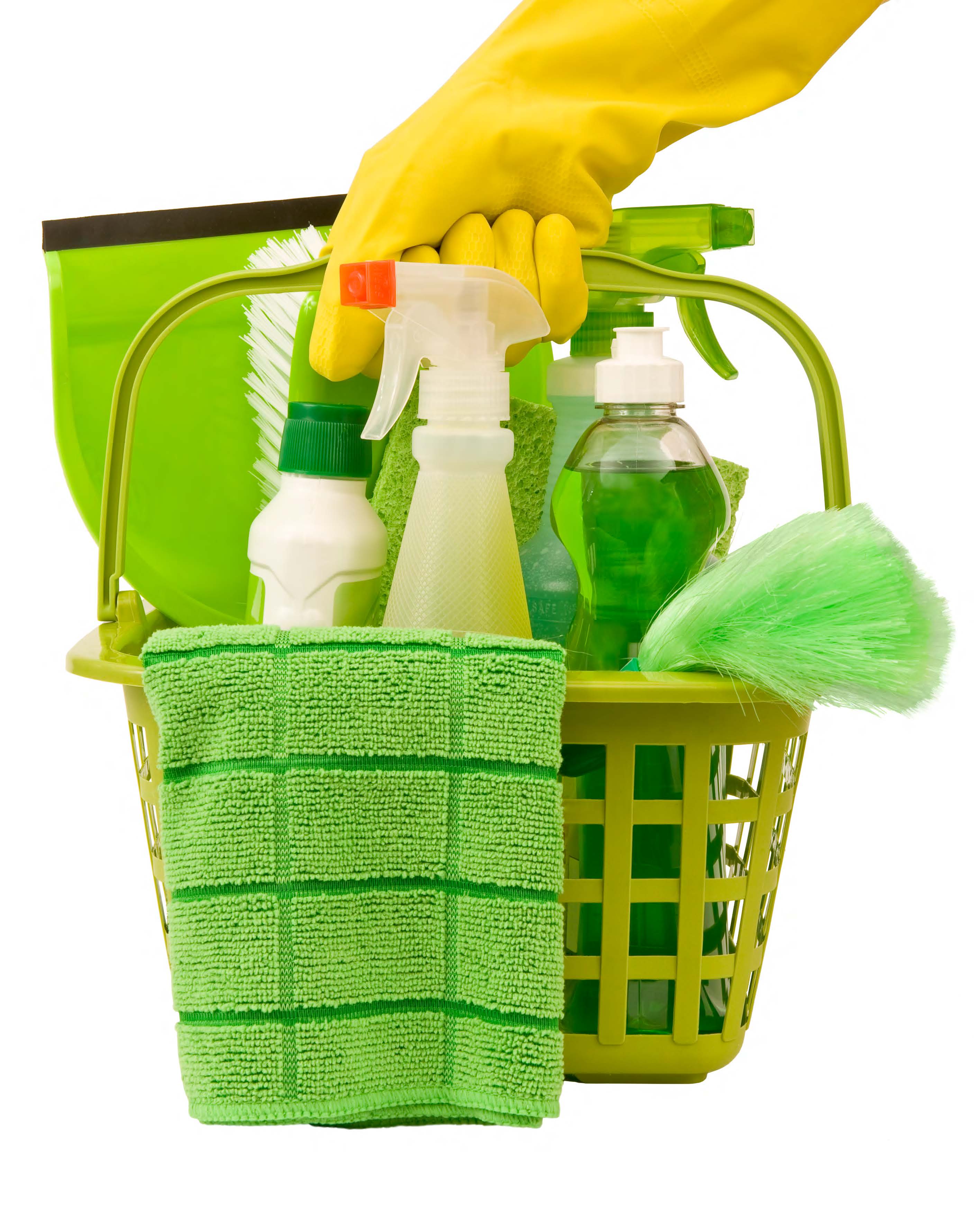 Bucket of cleaning supplies including spray bottle, rag, sponge, and duster