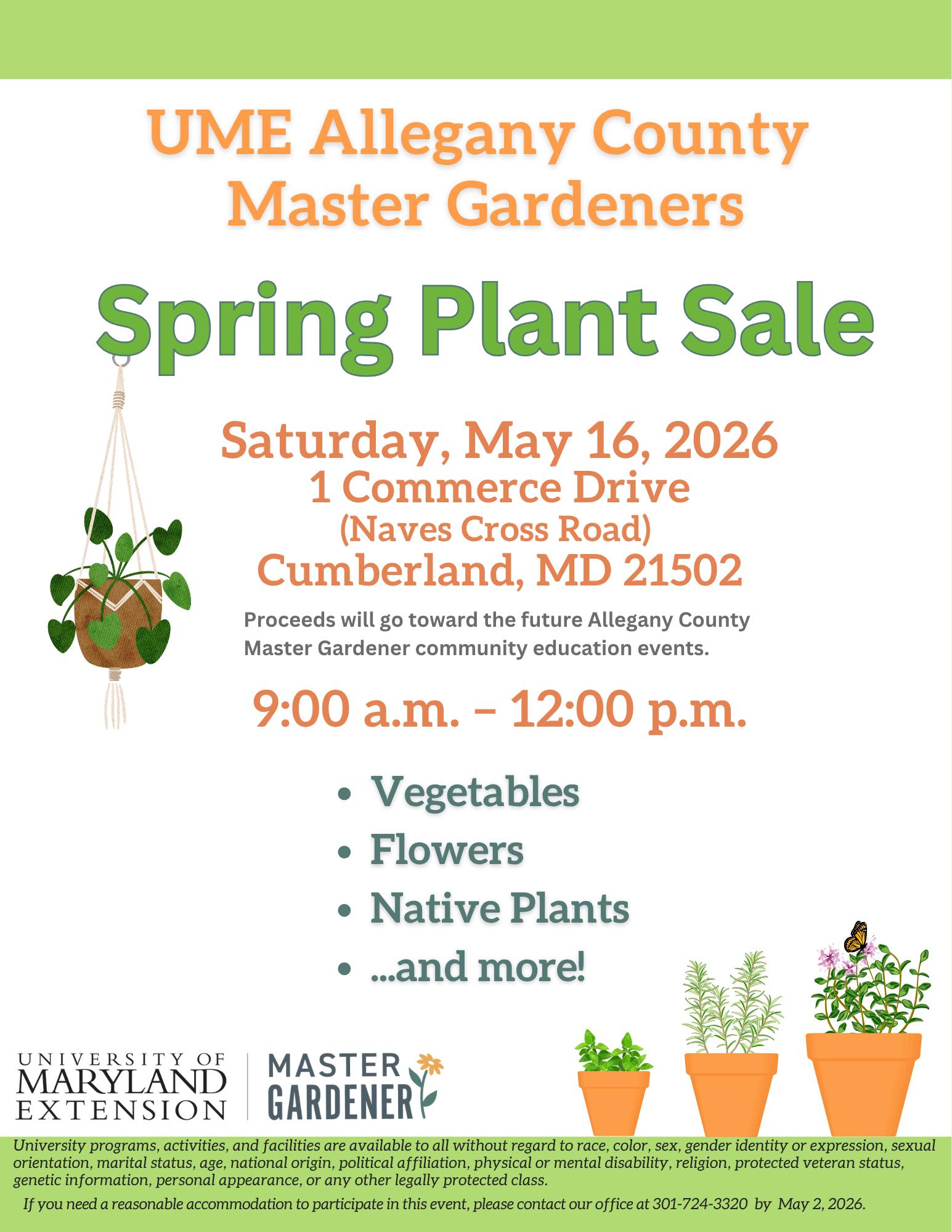 hanging plants and potted plants with green and orange writing for Spring Plant Sale details
