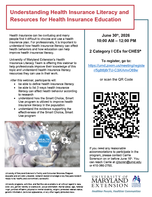 health insurance web with healthcare icons and QR Code to register and information also provided as text in this listing.