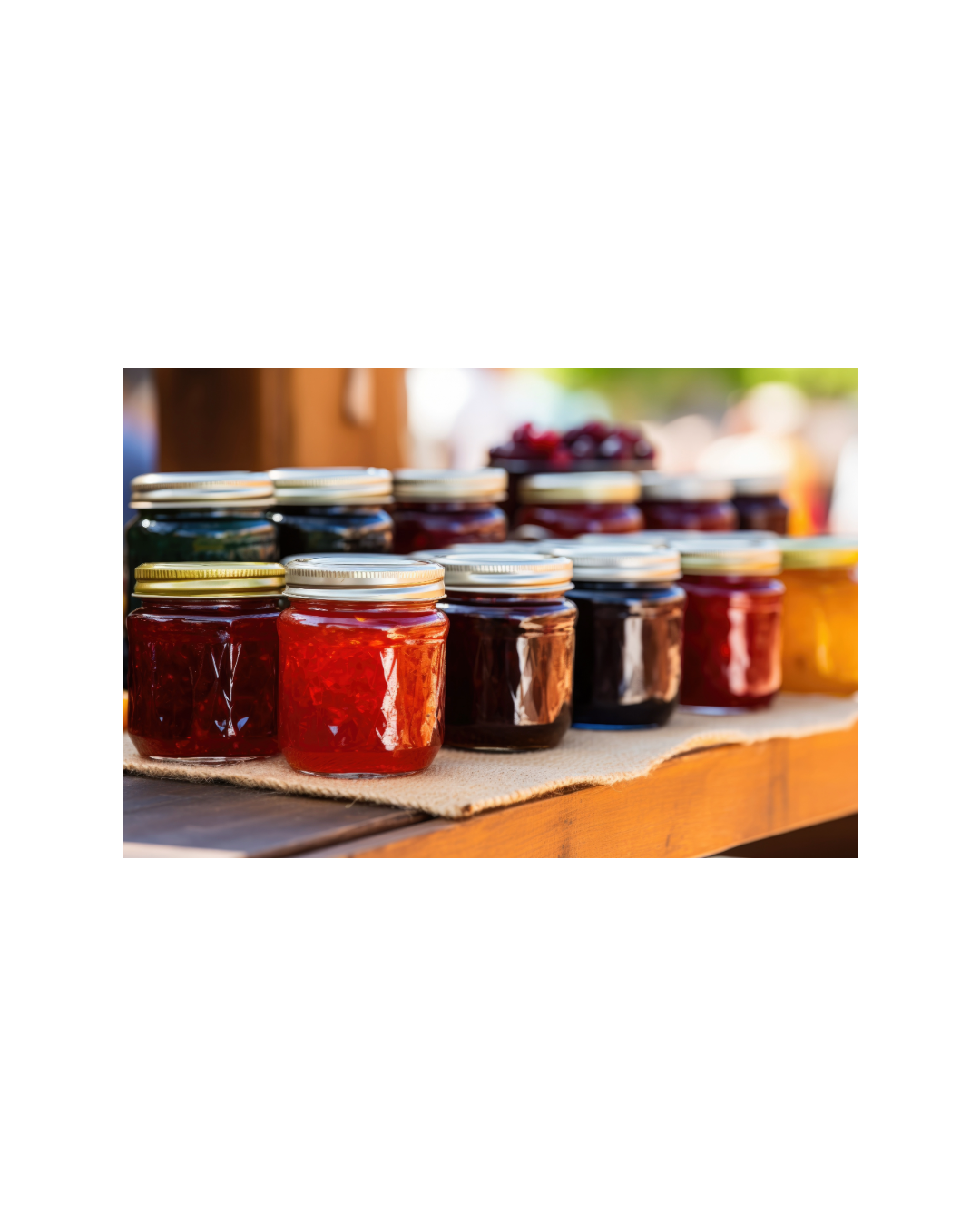 Small Bell jars filled with homemade  jams and jellies such as strawberry and grape.