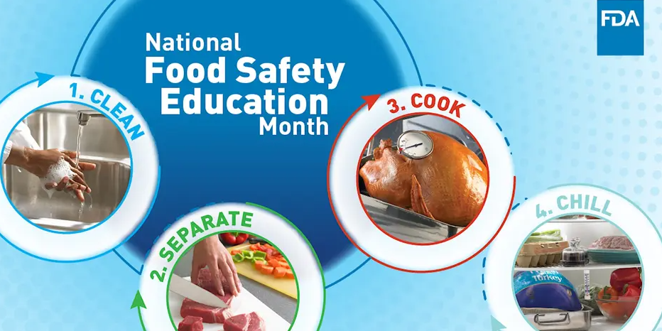 Food Safety Education graphic reminding you to clean, separate, cook, and chill food appropriately.