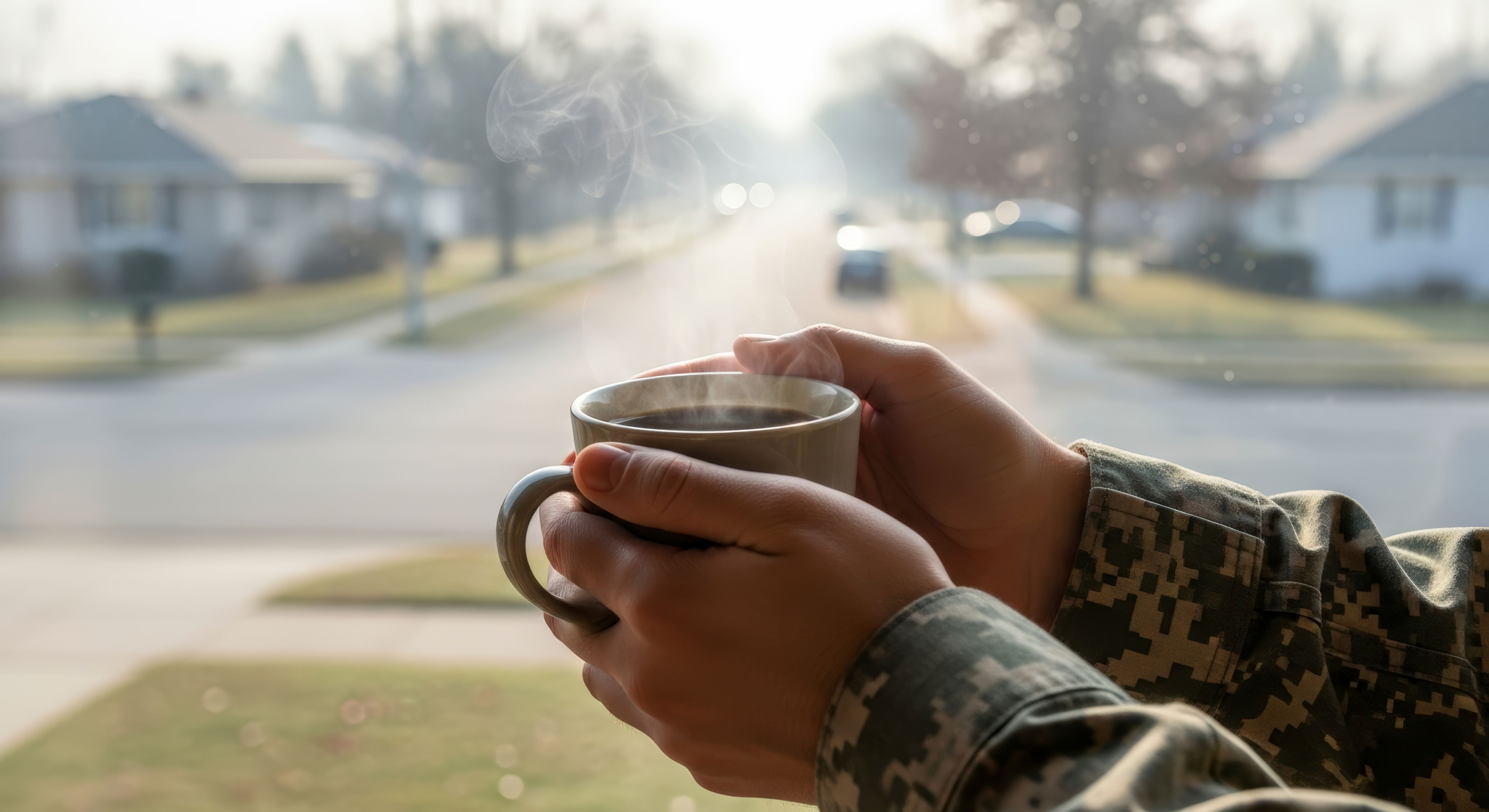 person in camouflage holding a coffee mug
