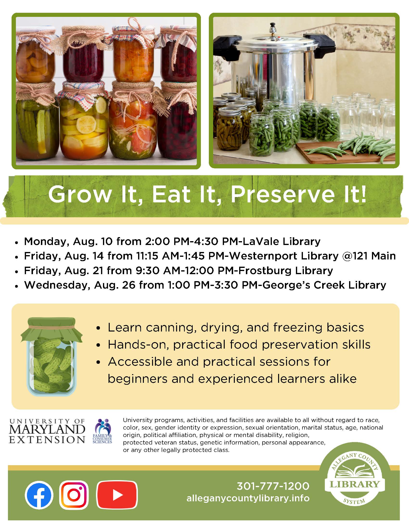 Flyer to promote George Creek Grow it Eat It Preserve It Food Preservation Programs - colorful jars of produce with pressure canner pot