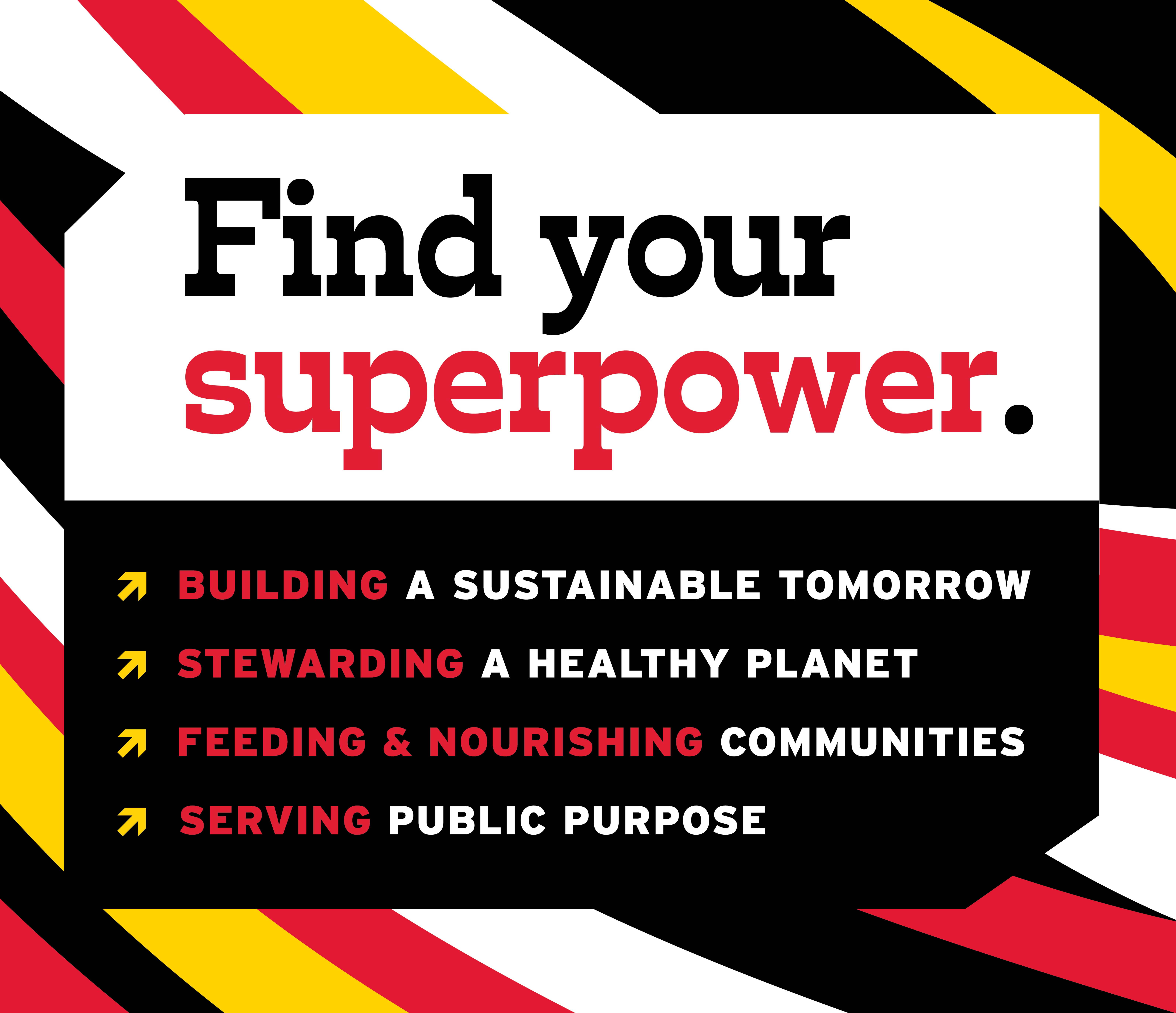 UMD school colors (red, black and gold) swirl behind an invitation to "find your superpower."