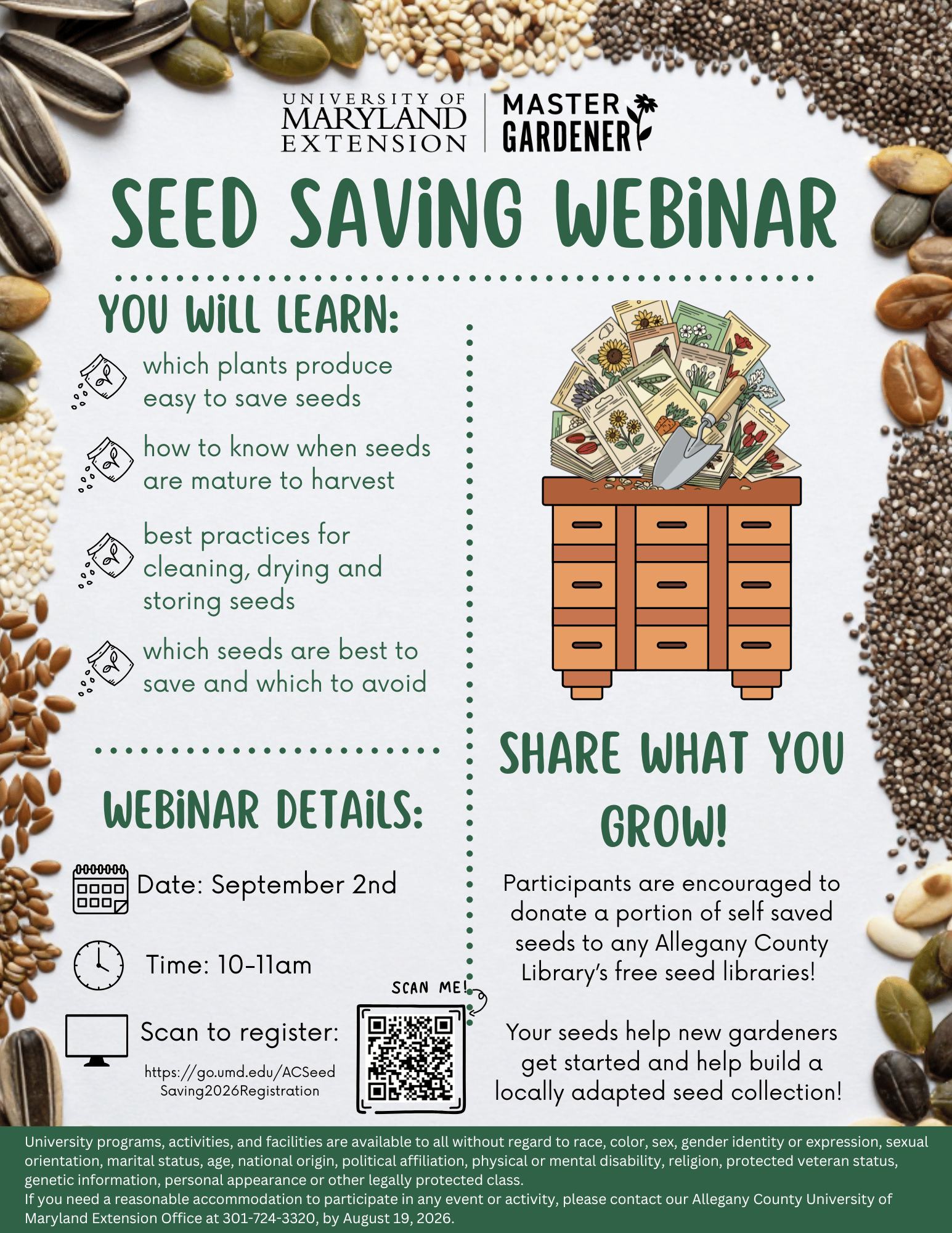 Seed Saving Webinar Flyer - Seed Library with colorful packets of seeds. 