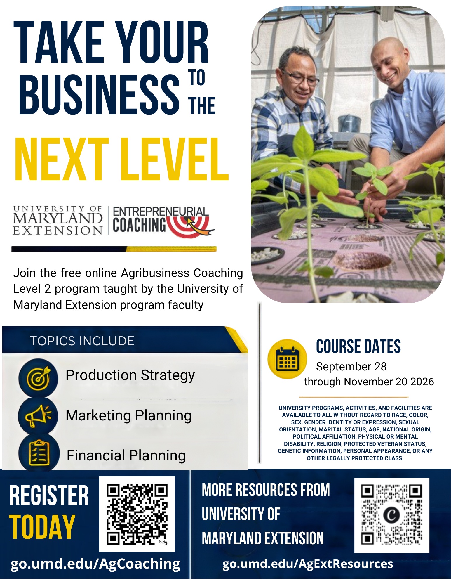 A flyer titled "Take your business to the next level", with a photo of two people planting seedlings, text similar to the event description, and a QR code linking to the application form. 