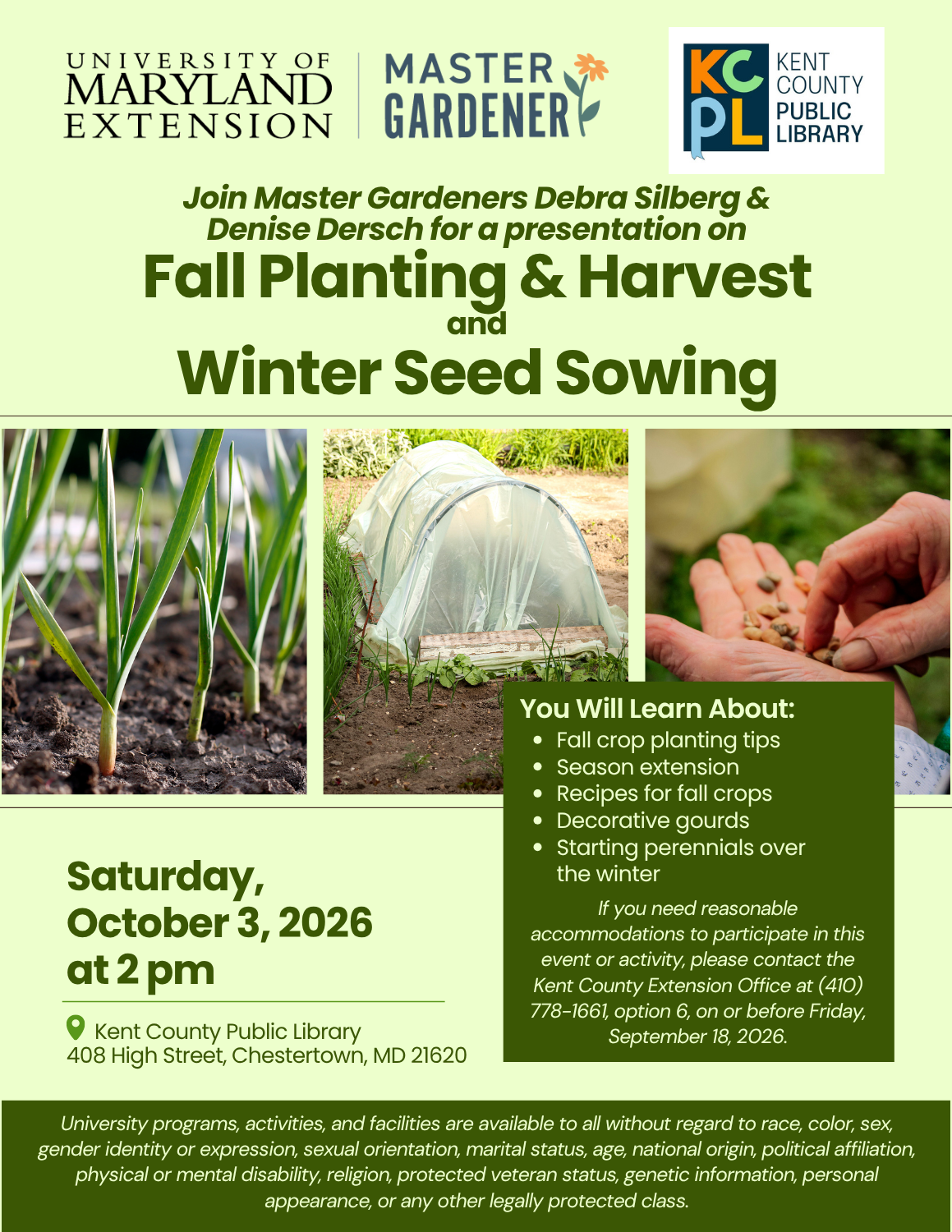 Promotional flyer for a presentation on "Fall Planting & Harvest and Winter Seed Sowing" by Master Gardeners on Saturday, October 3, 2026, at 2 PM at Kent County Public Library.