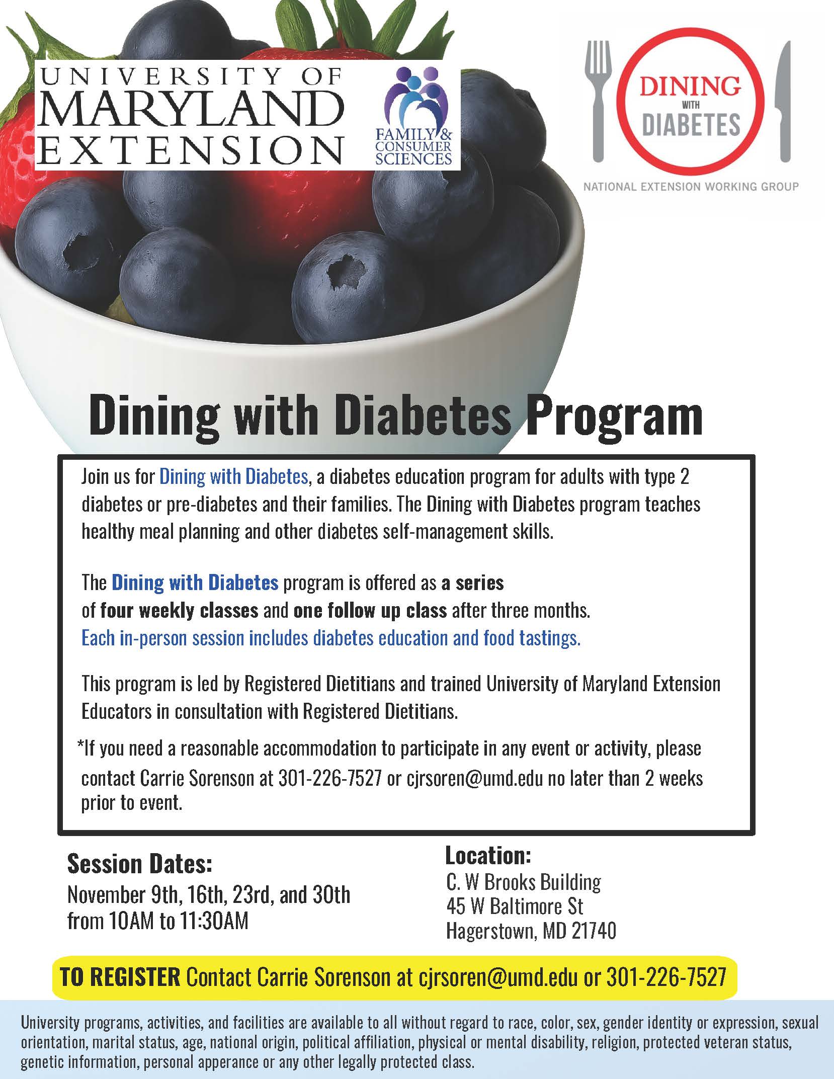 The image shows a flyer for the program including the same description and registration information listed on this webpage. It also includes the Dining with Diabetes program logo, a red plate with a knife on one side and a fork on the other. 
