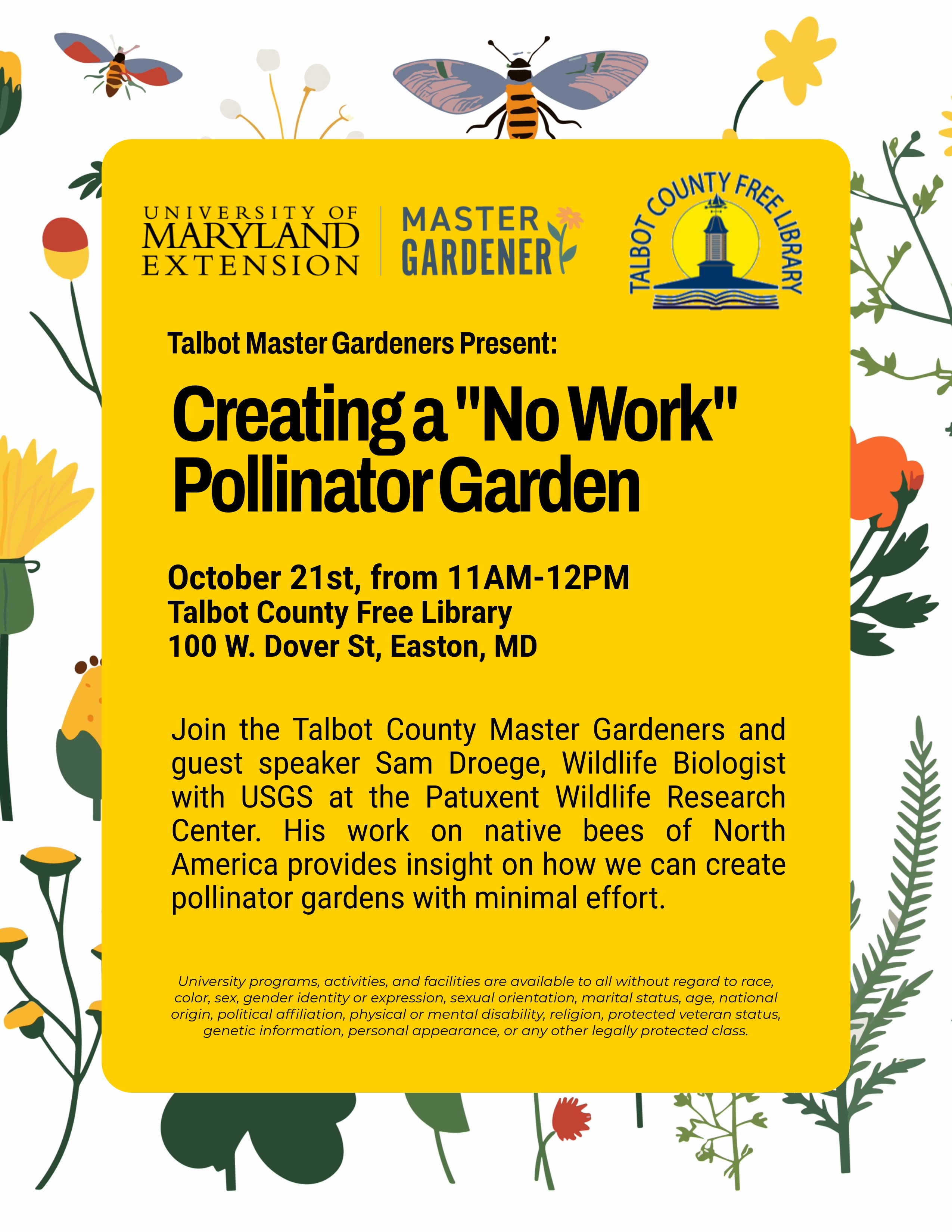 Poster with further details about October 21st event at the Talbot County Free Library in Easton, MD.
