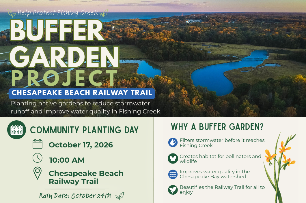 Buffer garden project flyer showing a photo of Fishing Creek from overhead. 