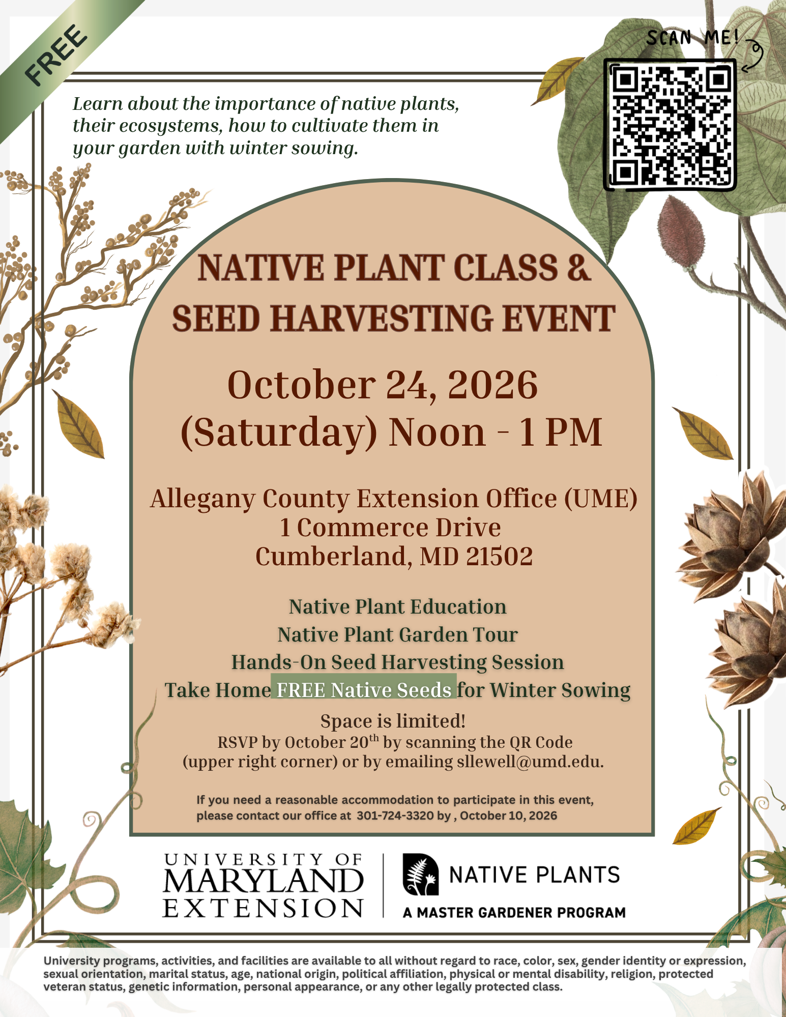 Native Plant Class & Seed Harvesting Event Flyer with tan and green flowers 