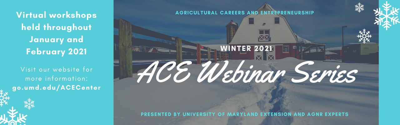 ACE Winter Webinar Series Flyer with blue background and a picture of the campus barn in the snow
