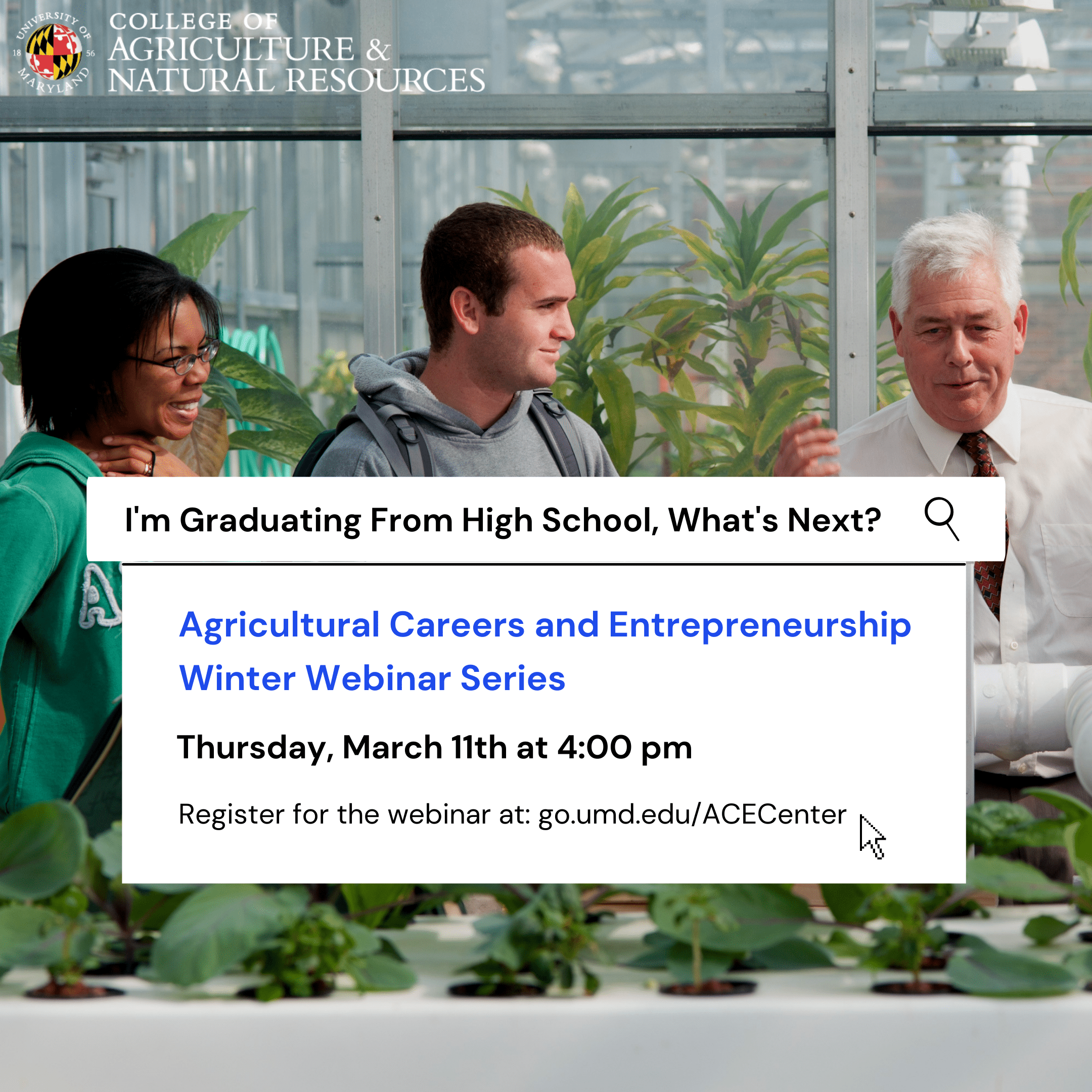 I'm graduating from high school, what's next? flyer that looks like a search engine bar with a background image of a professor teaching a class in the greenhouse