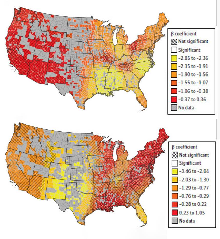Two maps reveal the association between breast cancer mortality and various factors across the U.S.