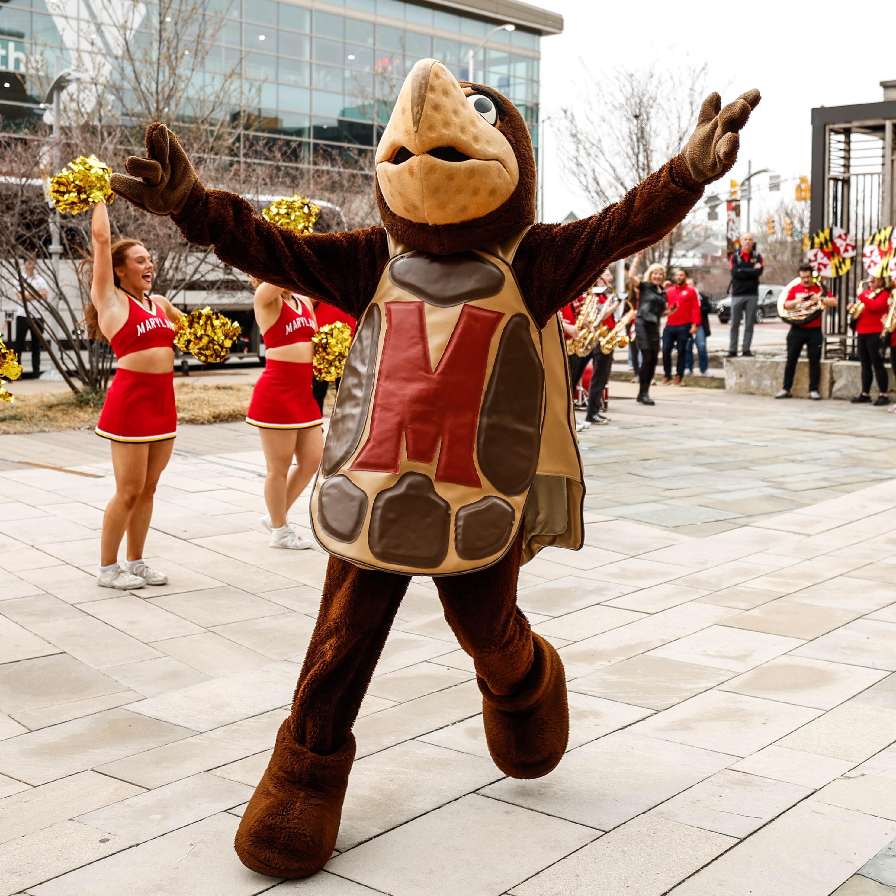 Testudo mascot greeting crowd with a cheer squad