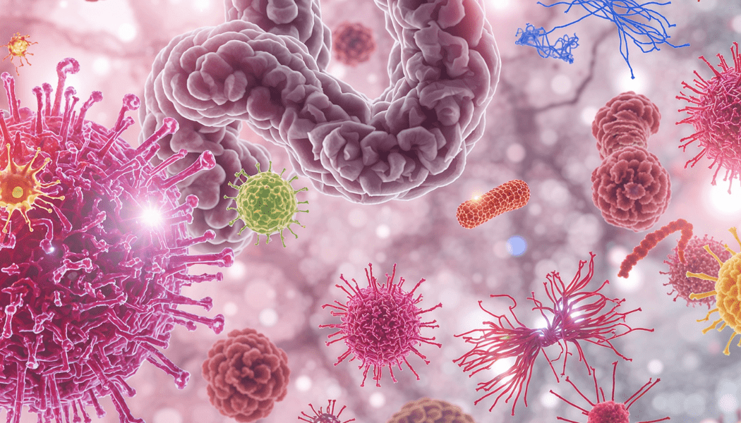 A photo with colorful animated microbes