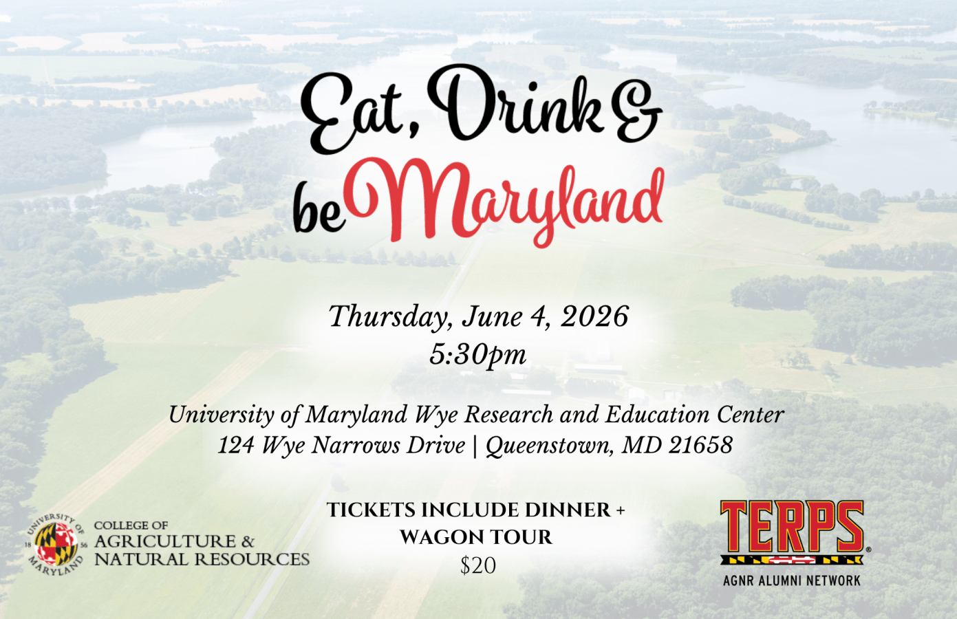 Eat, Drink & be Maryland event graphic with details: June 4 starting at 5:30pm in Queenstown, Maryland