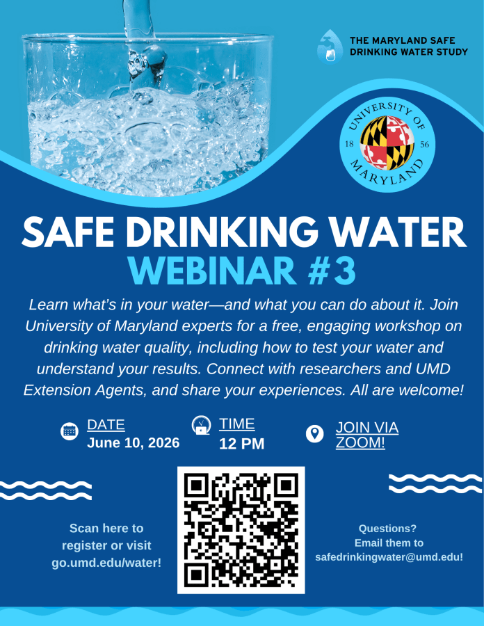 Blue flyer advertising Safe Drinking Water Webinar #3 at 12pm on June 10