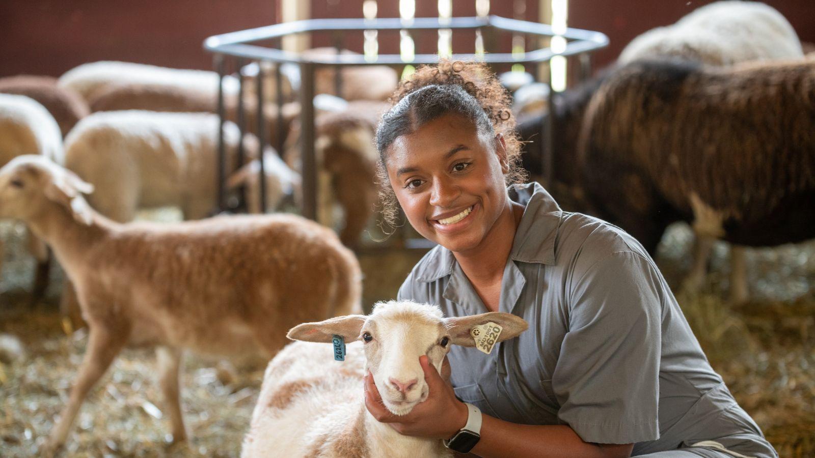 Animal Science student holding a lamb at the Campus Farm