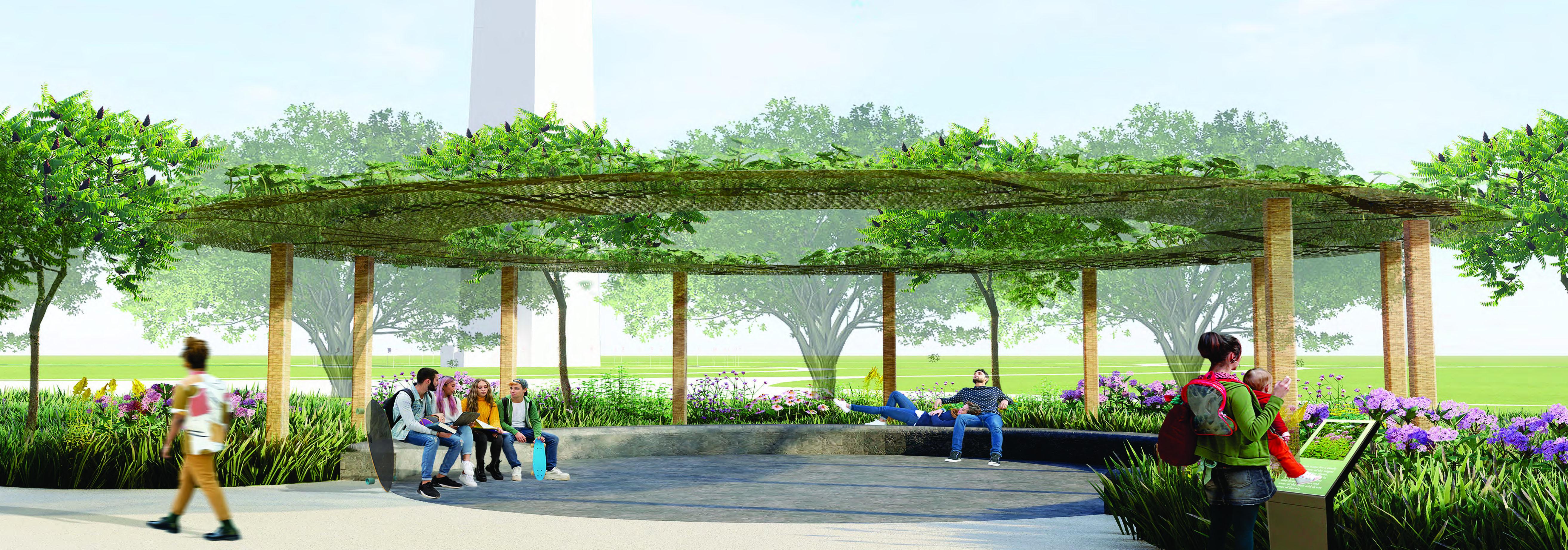 A shadded arbor with seating where people gather beneath the trees.