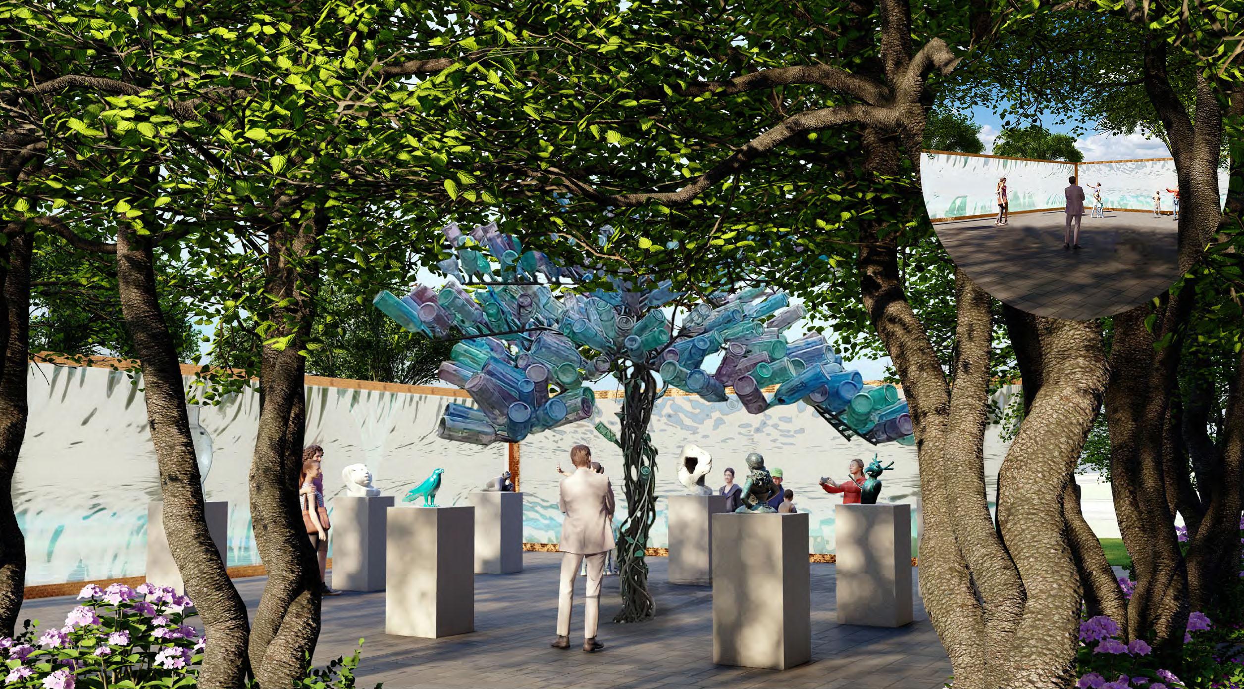 Plastic bottle trees represent sculptural art exhibits in an outdoor space bordered by a water wall.